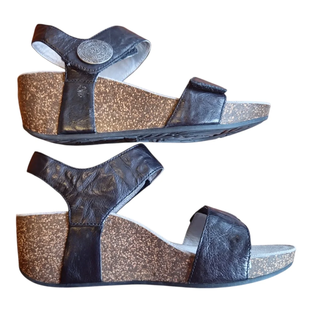 ABEO‎ B.I.O.Systems UNA Black Comfort Leather Boho Wedge Cork Sandals 9N Narrow